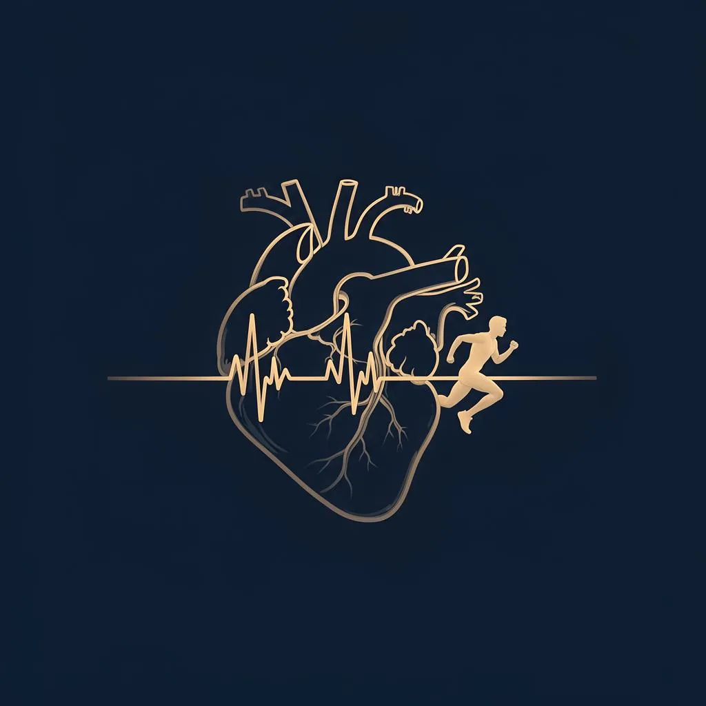 Ilustração editorial em duotone azul marinho de um coração com linha de ECG e silhueta de atleta em corrida