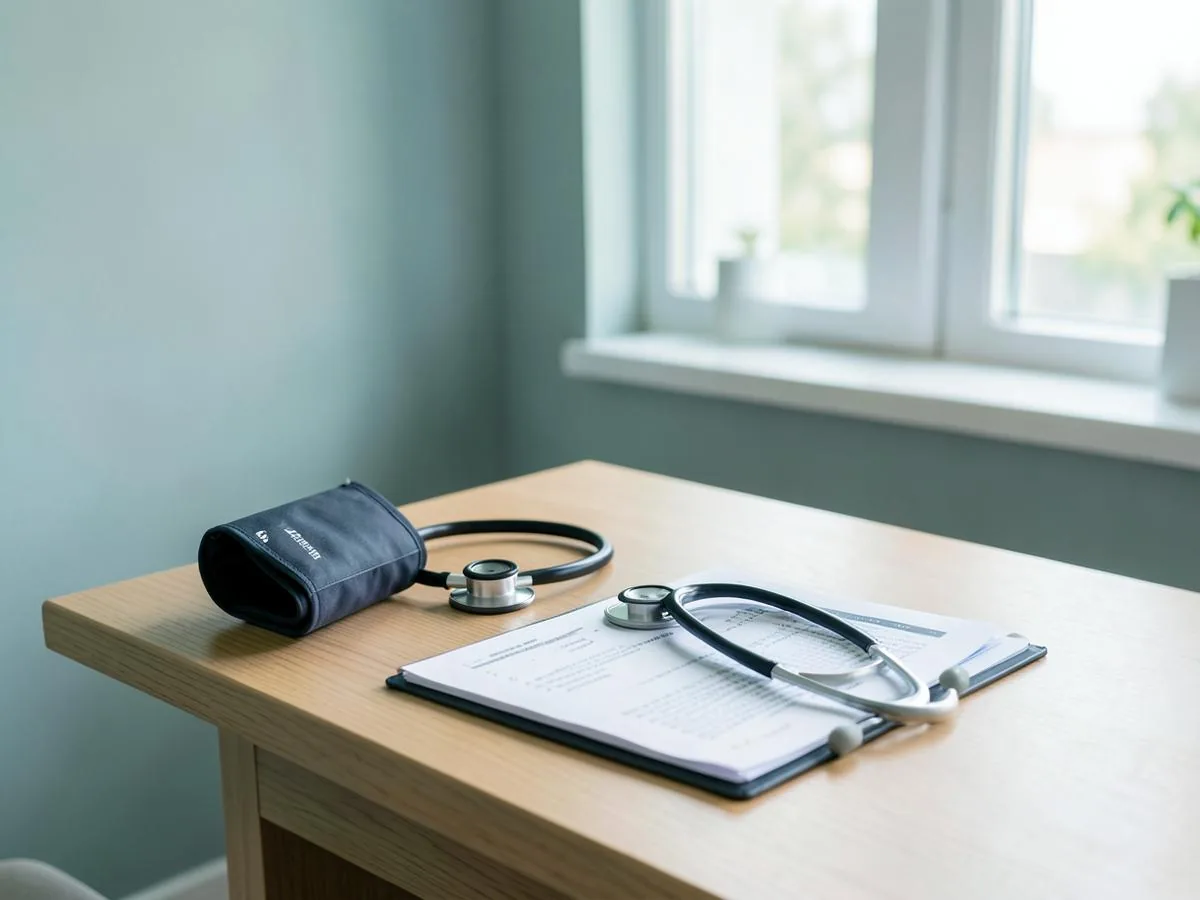 Mesa de consultório com aparelho de pressão, estetoscópio e exames para avaliação cardiológica